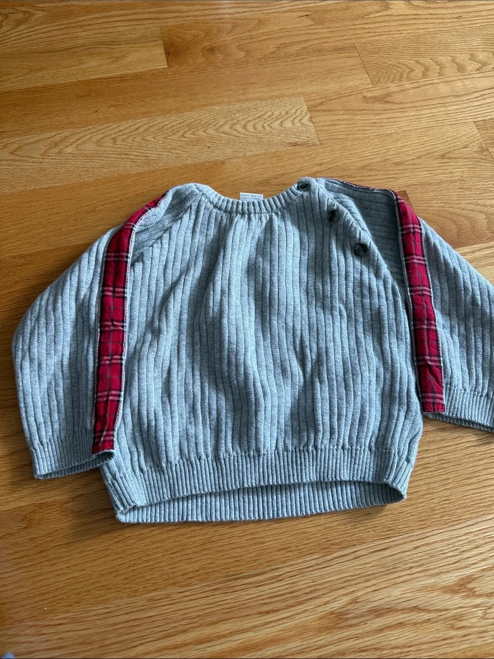Casual Gray Ribbed Boys Sweater with Red Plaid Trim